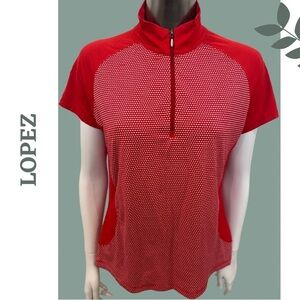 Lopez Women's Red White Zip-Up Short Sleeve Polo Top Contrast Print Size Medium